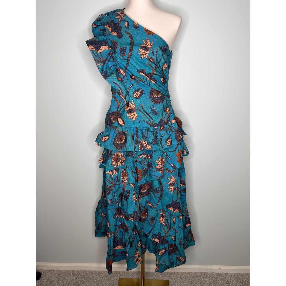 Ulla Johnson SS22 One Shoulder Ruffle Floral Cotton Midi Dress Teal Sz 10